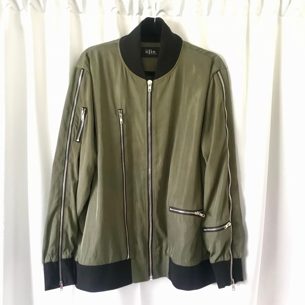 Iijin Multiple Zippers Olive Satin Bomber Jacket